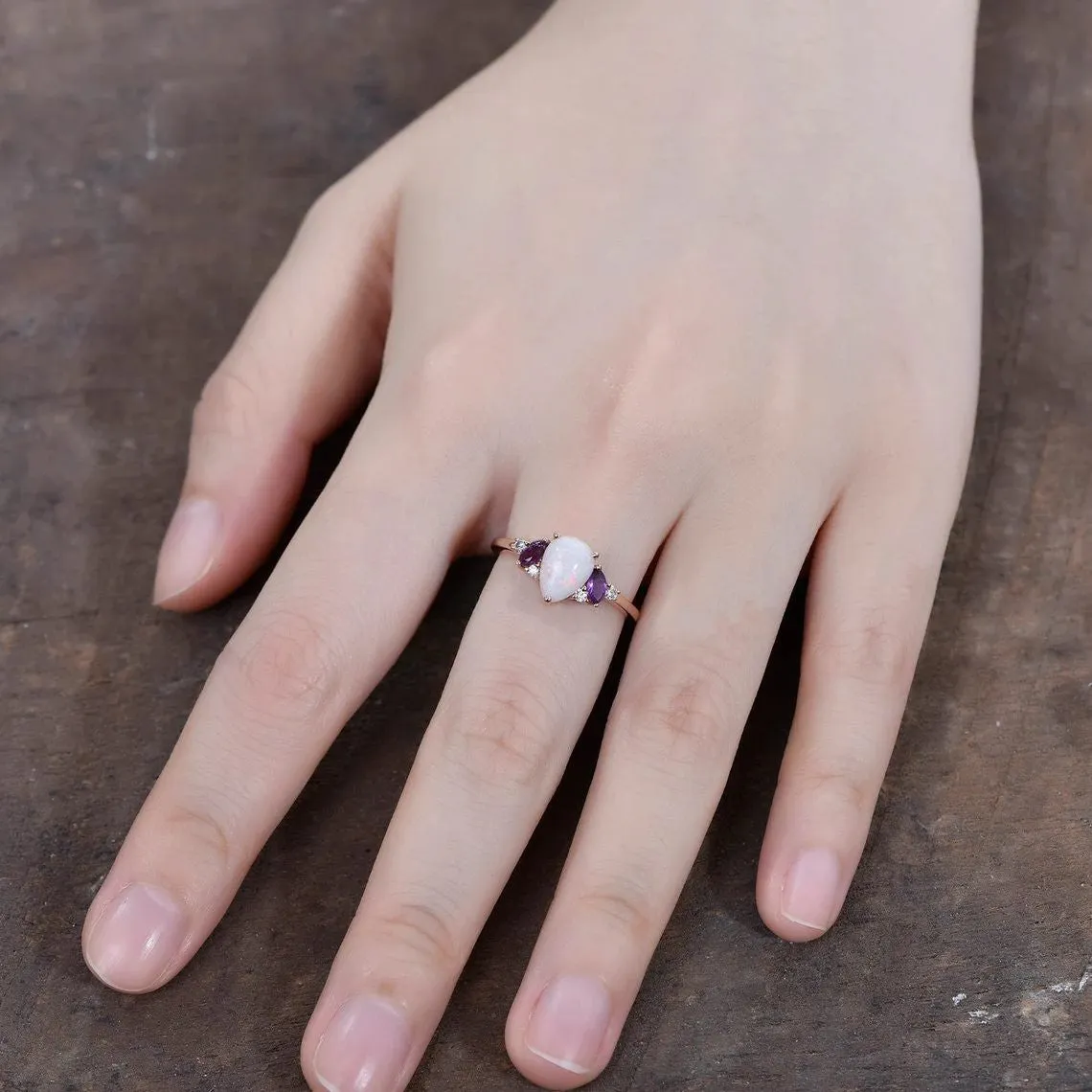 0.75ct Pear Shaped Natural Australia Opal Engagement Ring Amethyst Diamond Cluster Decor