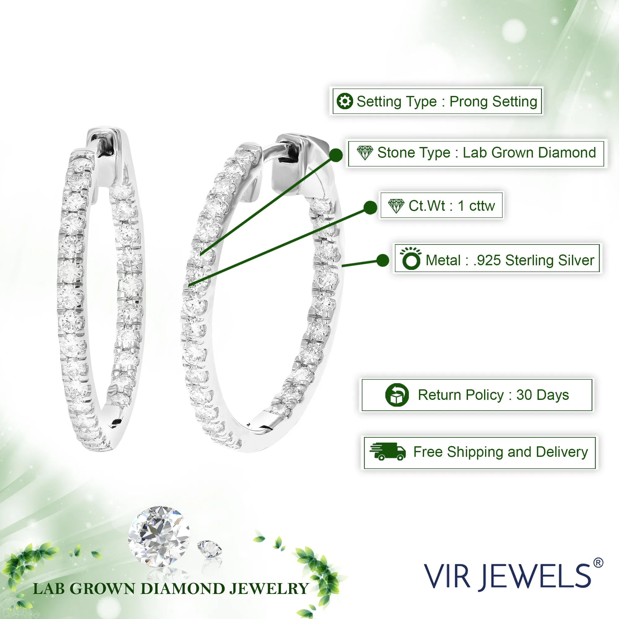 1 cttw Round Lab Grown Diamond Hoop Earrings Crafted in .925 Sterling Silver Prong Set 1 Inch