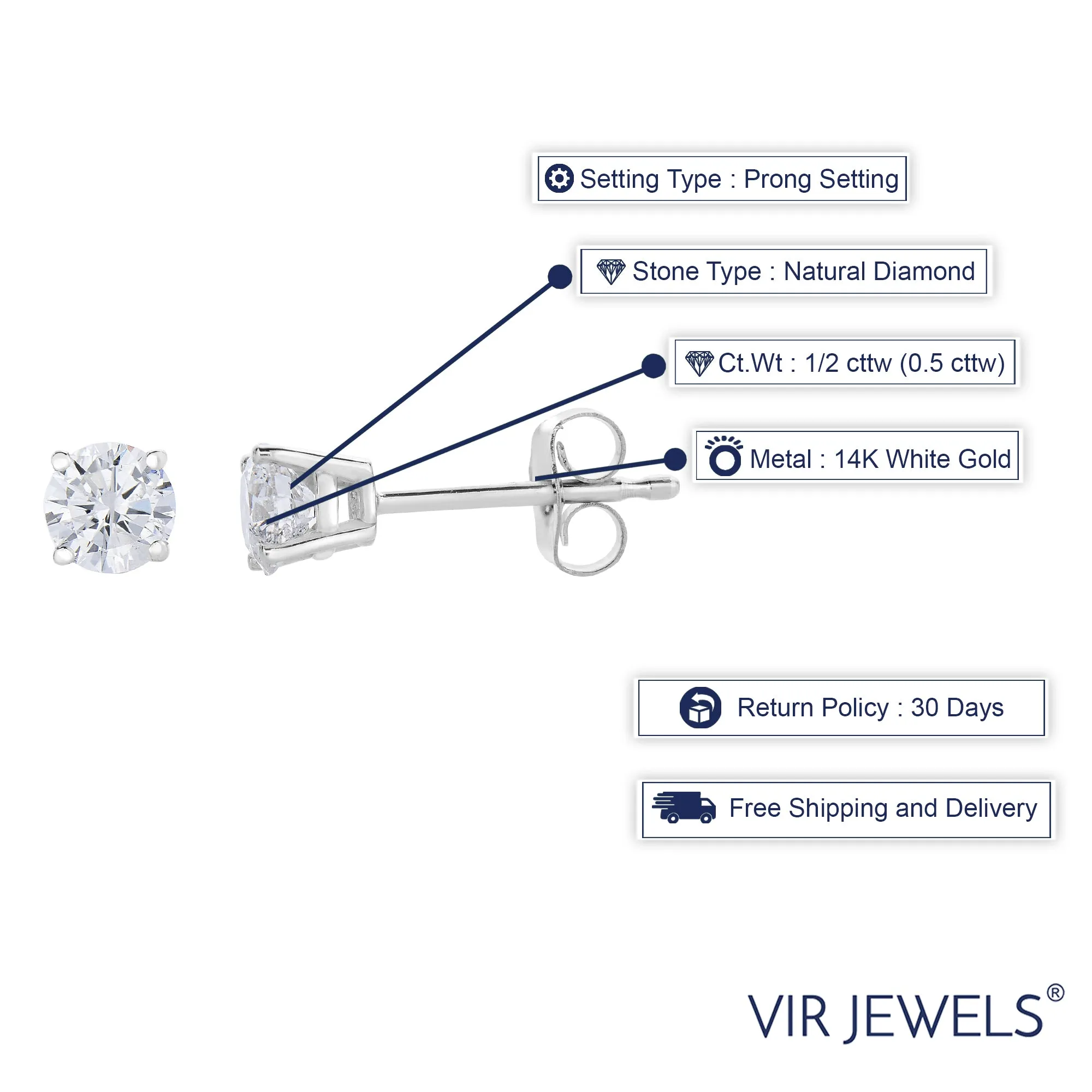 1/2 cttw Diamond Stud Earrings 14K White Gold Round Push Backs 4 Prong