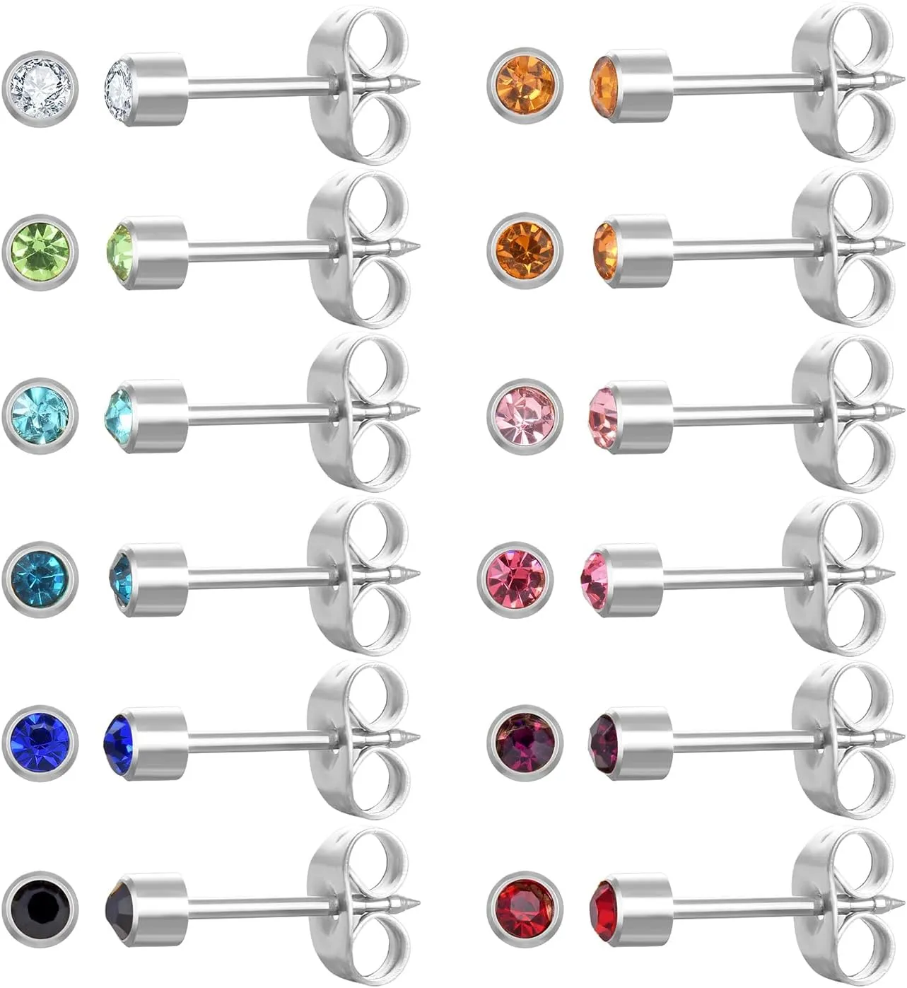12 Pairs Ear Piercing Stud Earrings, Surgical Stainless Steel Multicolor Cubic Zirconia Birthstone Stud Earrings for Ear Piercing Guns
