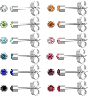 12 Pairs Ear Piercing Stud Earrings, Surgical Stainless Steel Multicolor Cubic Zirconia Birthstone Stud Earrings for Ear Piercing Guns