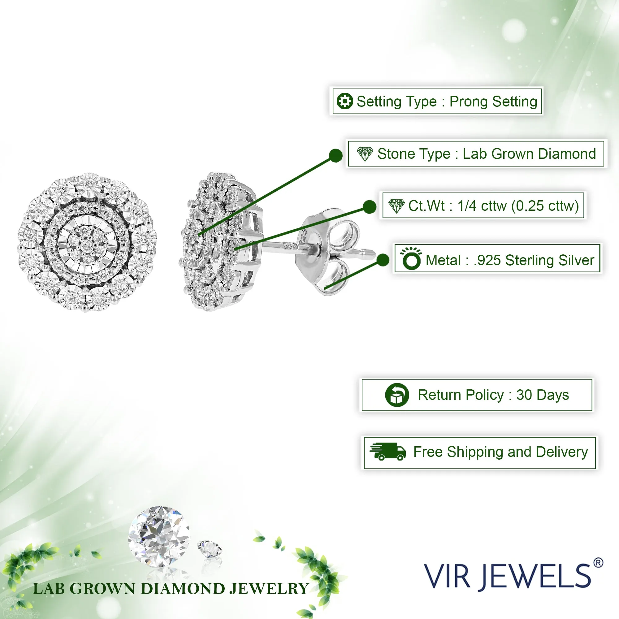 1/4 cttw Round Cut Lab Grown Diamond Prong Set Stud Earrings in .925 Sterling Silver