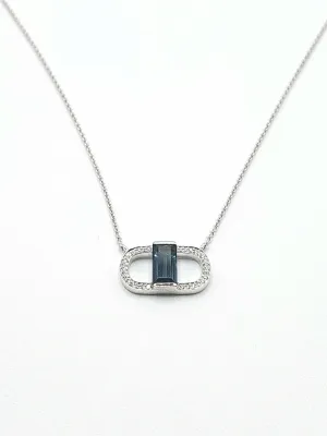 14k White Gold Diamond Oval & Emerald Cut London Blue Topaz Necklace (I8592)