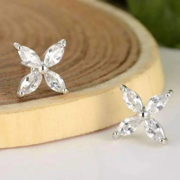 14K White Gold Plated Four Petals Austrian Crystal Flower Delicate Stud Earrings for Women or Girls