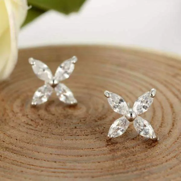 14K White Gold Plated Four Petals Austrian Crystal Flower Delicate Stud Earrings for Women or Girls