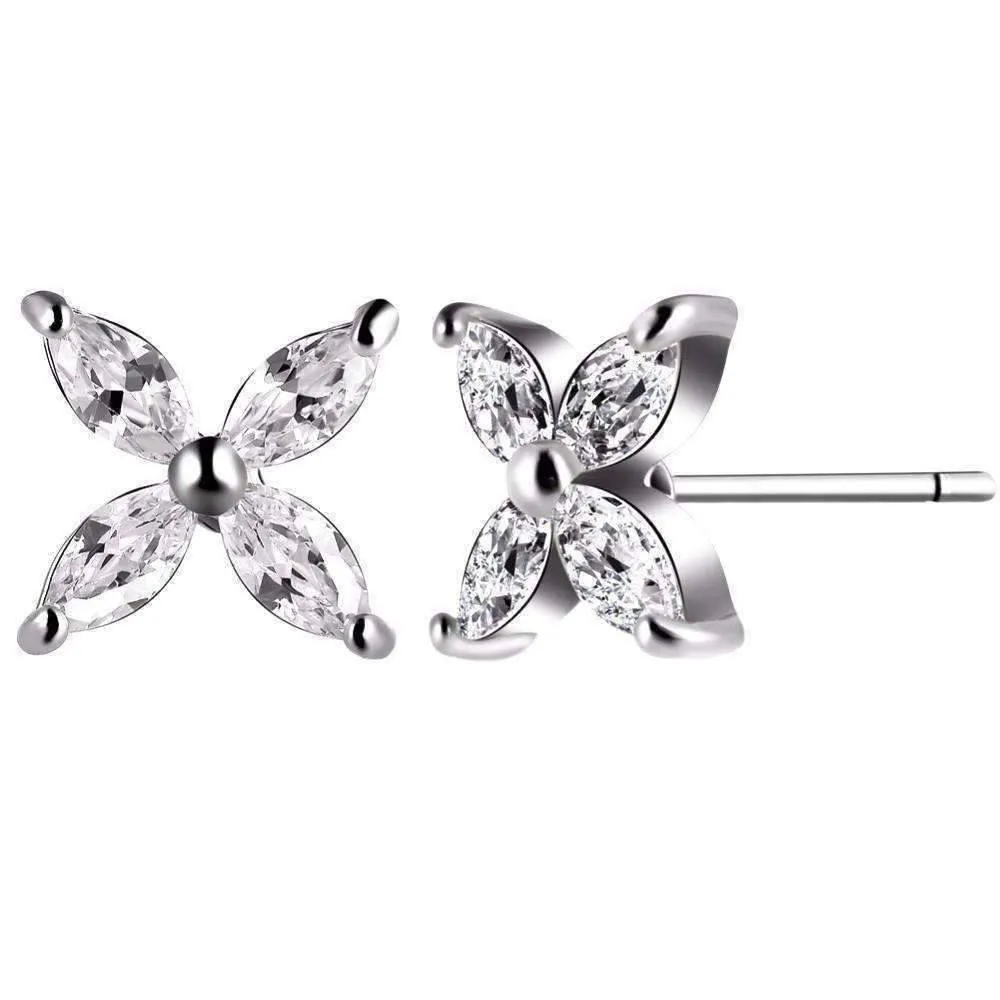 14K White Gold Plated Four Petals Austrian Crystal Flower Delicate Stud Earrings for Women or Girls