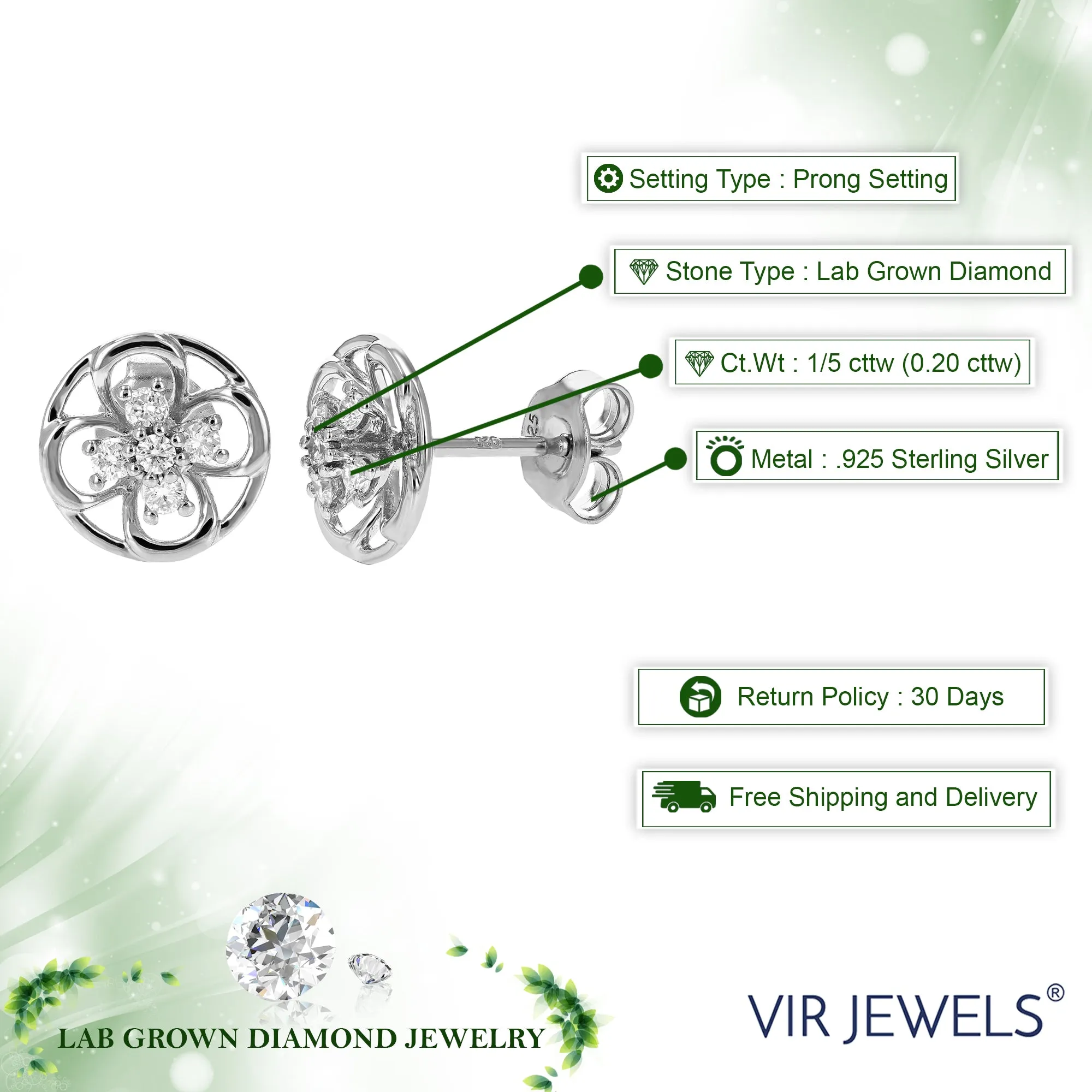 1/5 cttw Lab Grown Diamond Stud Earrings Gorgeous Prong Setting on .925 Sterling Silver