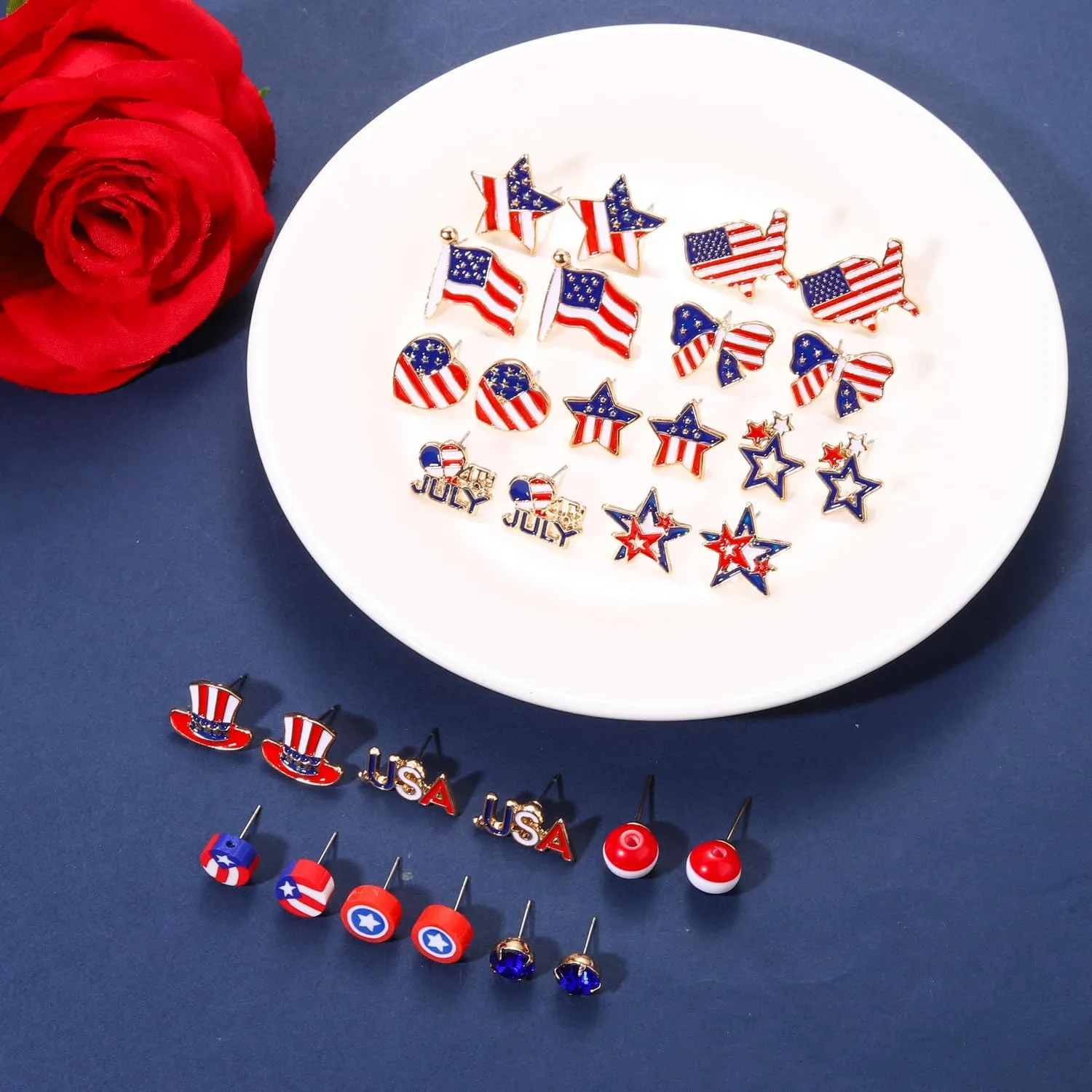 16Pairs Patriotic Earrings 4th of July American Flag Earrings for Women Enamel Heart Star Butterfly USA Stud Earrings Set Independence Day Jewelry Gifts
