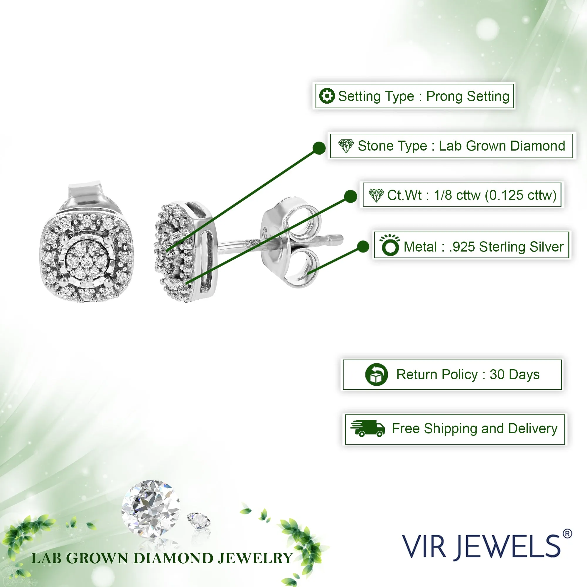 1/8 cttw Round Cut Lab Grown Diamond Stud Earrings in .925 Sterling Silver Prong Setting