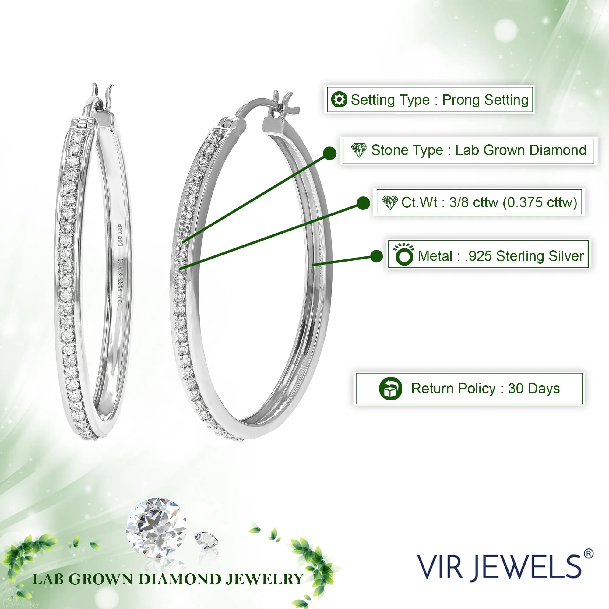 3/8 cttw Lab Grown Diamond Hoop Earrings in Sterling Silver