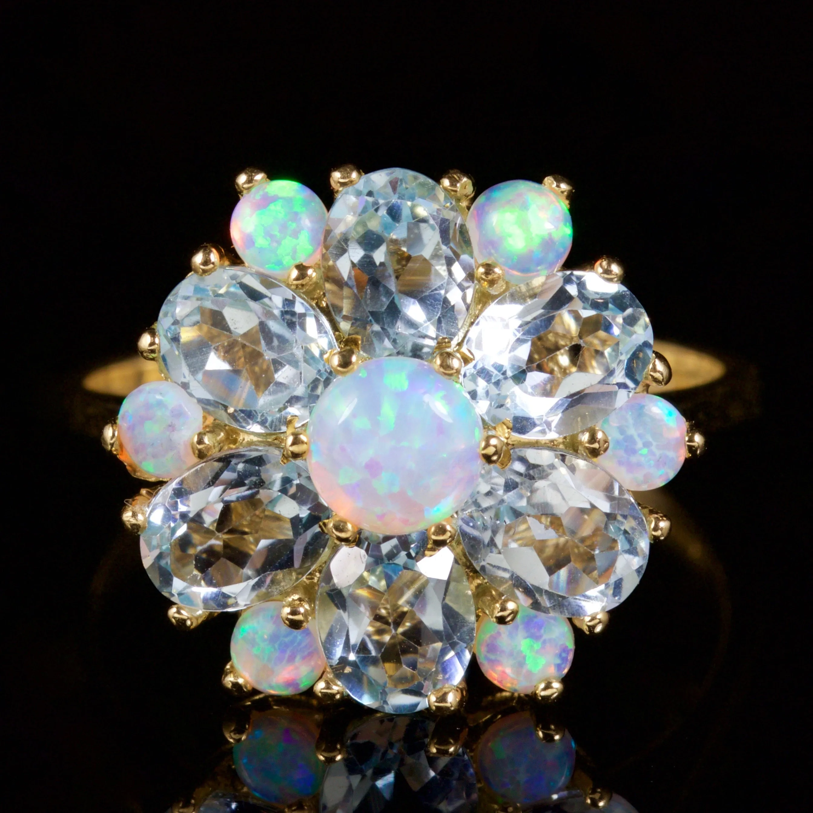 Aquamarine Opal Cluster Ring 9Ct Gold Ring
