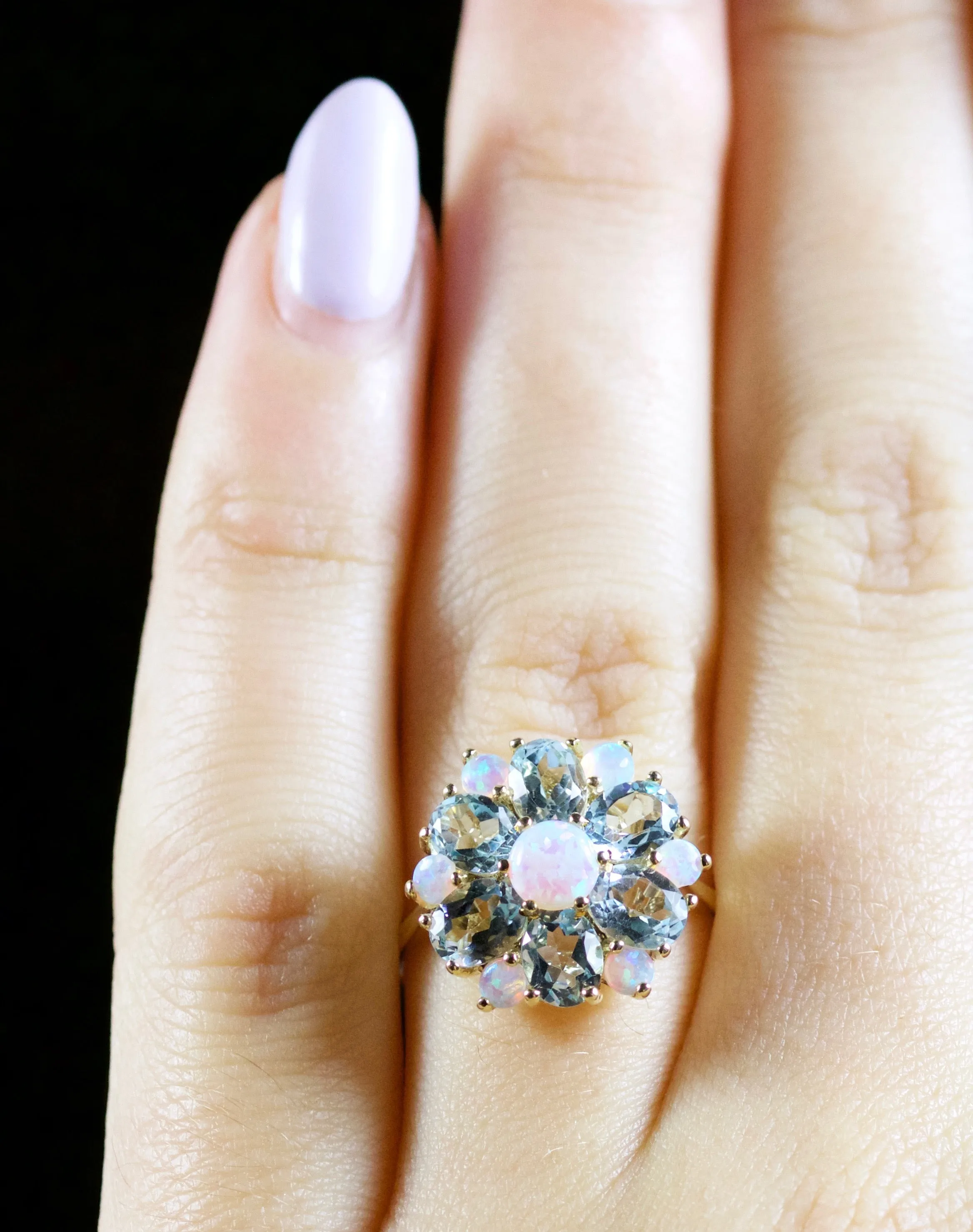 Aquamarine Opal Cluster Ring 9Ct Gold Ring