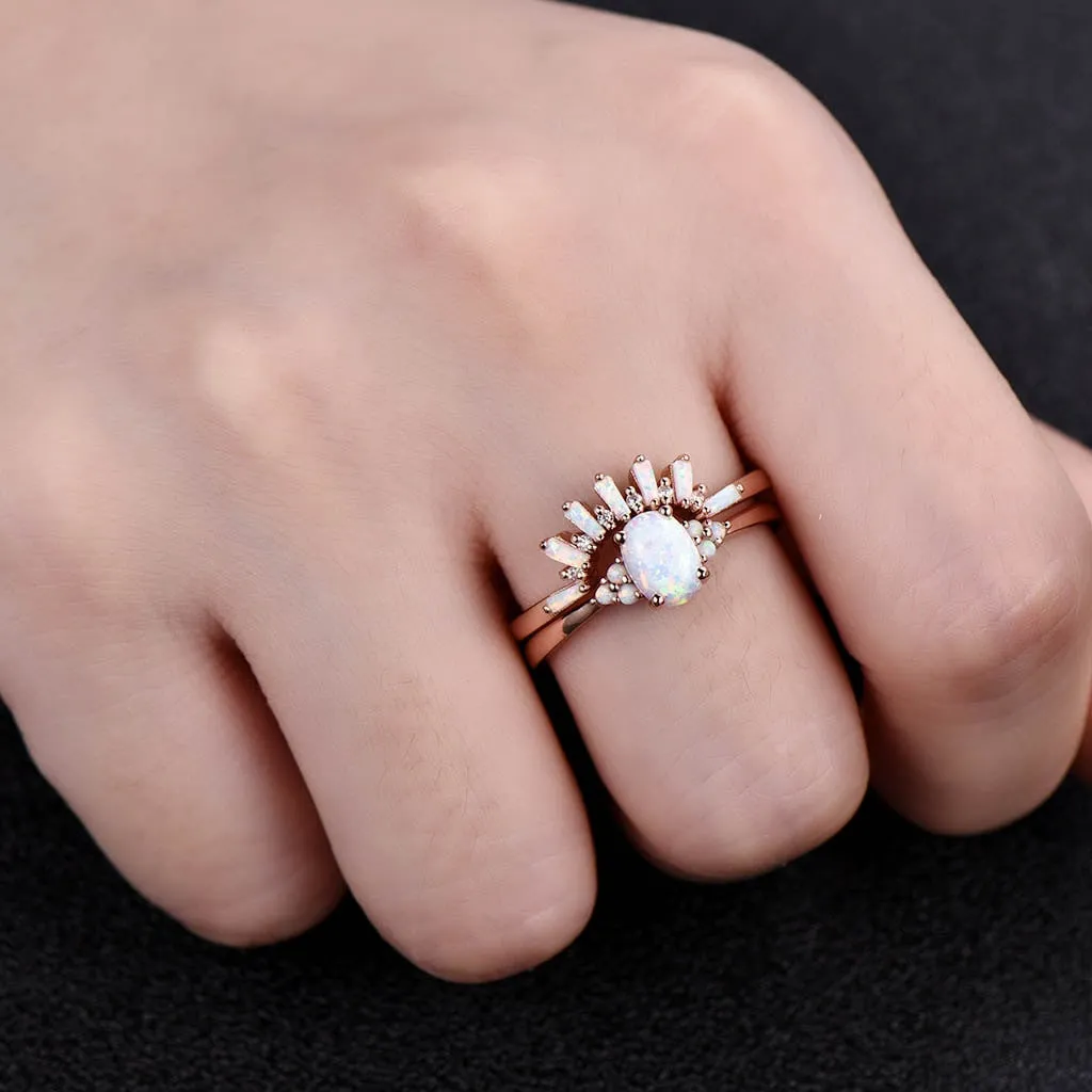 Art Deco Opal Engagement Ring Set Cluster Opal Wedding Set