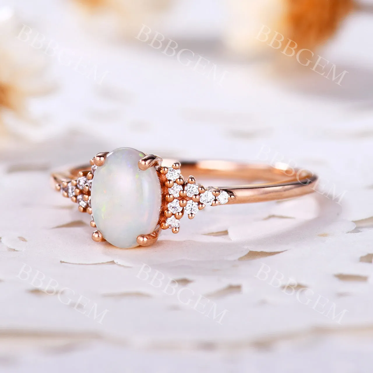 Art Deco Oval Cut Opal Engagement Ring Cluster Diamond Ring Rose Gold