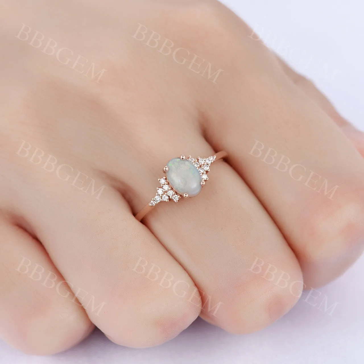 Art Deco Oval Cut Opal Engagement Ring Cluster Diamond Ring Rose Gold