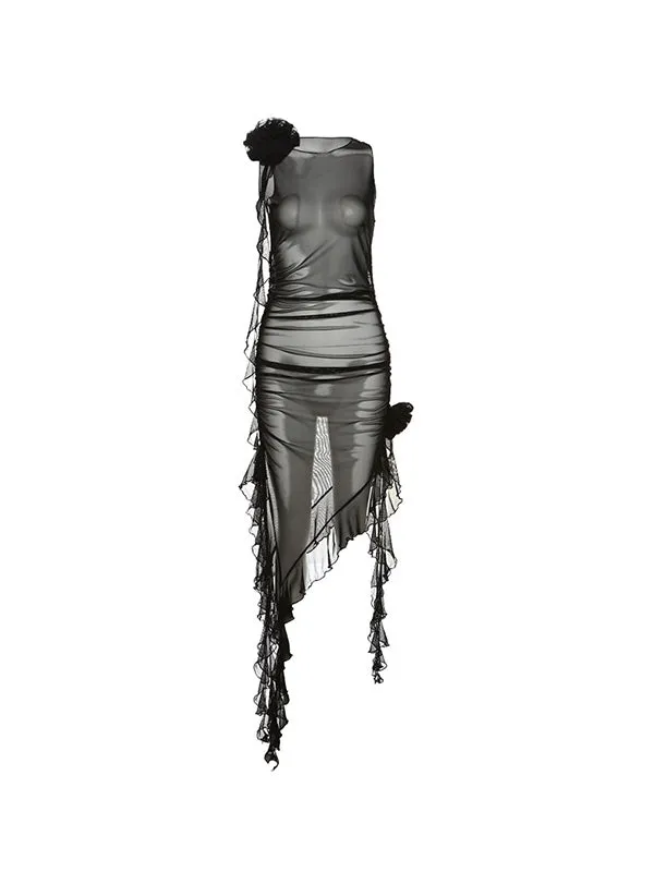 Asymmetric Floral Mesh Mini Dresses