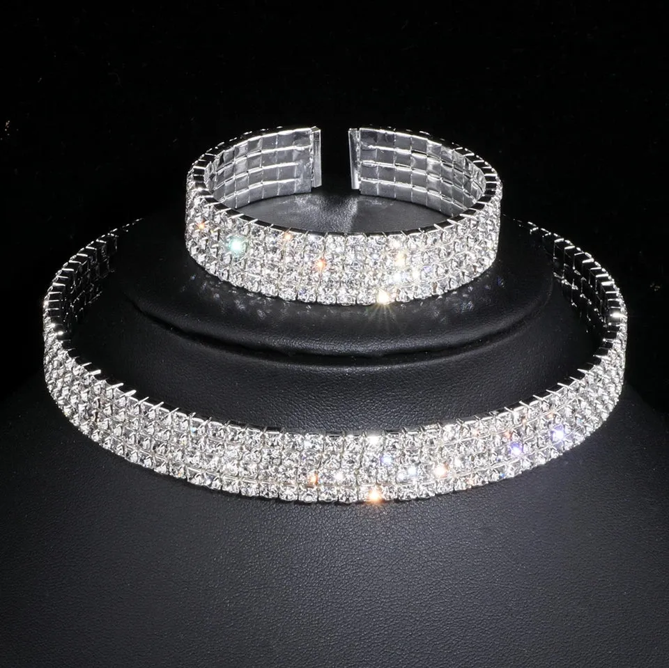 Austrian Crystal Wedding Necklace Choker tasseled Earring and bracelet set
