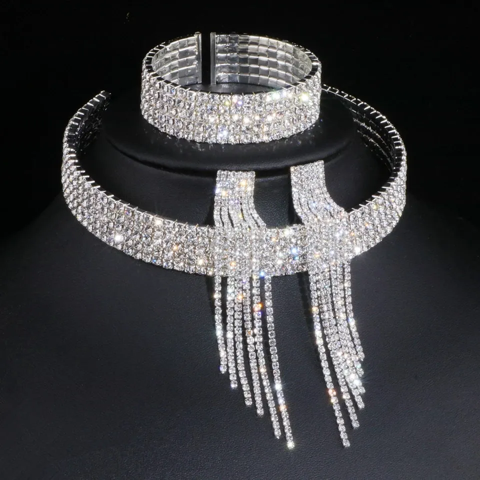 Austrian Crystal Wedding Necklace Choker tasseled Earring and bracelet set