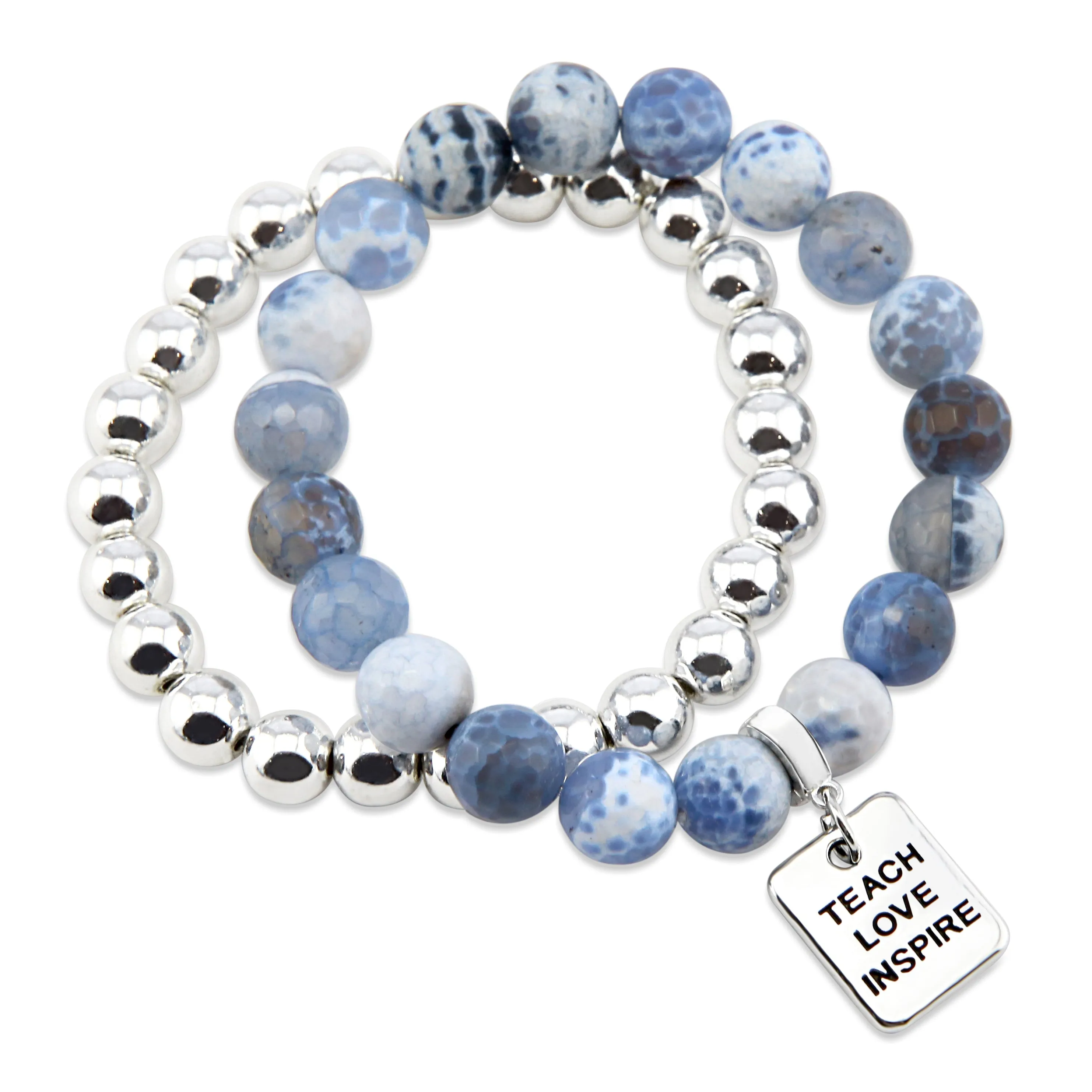 Bracelet Duo! 10mm Bright Blue Agata Tourmaline & 8mm Silver bead bracelet stacker set - TEACH LOVE INSPIRE (12015)