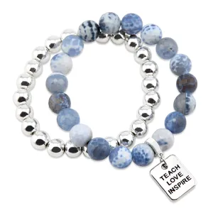 Bracelet Duo! 10mm Bright Blue Agata Tourmaline & 8mm Silver bead bracelet stacker set - TEACH LOVE INSPIRE (12015)