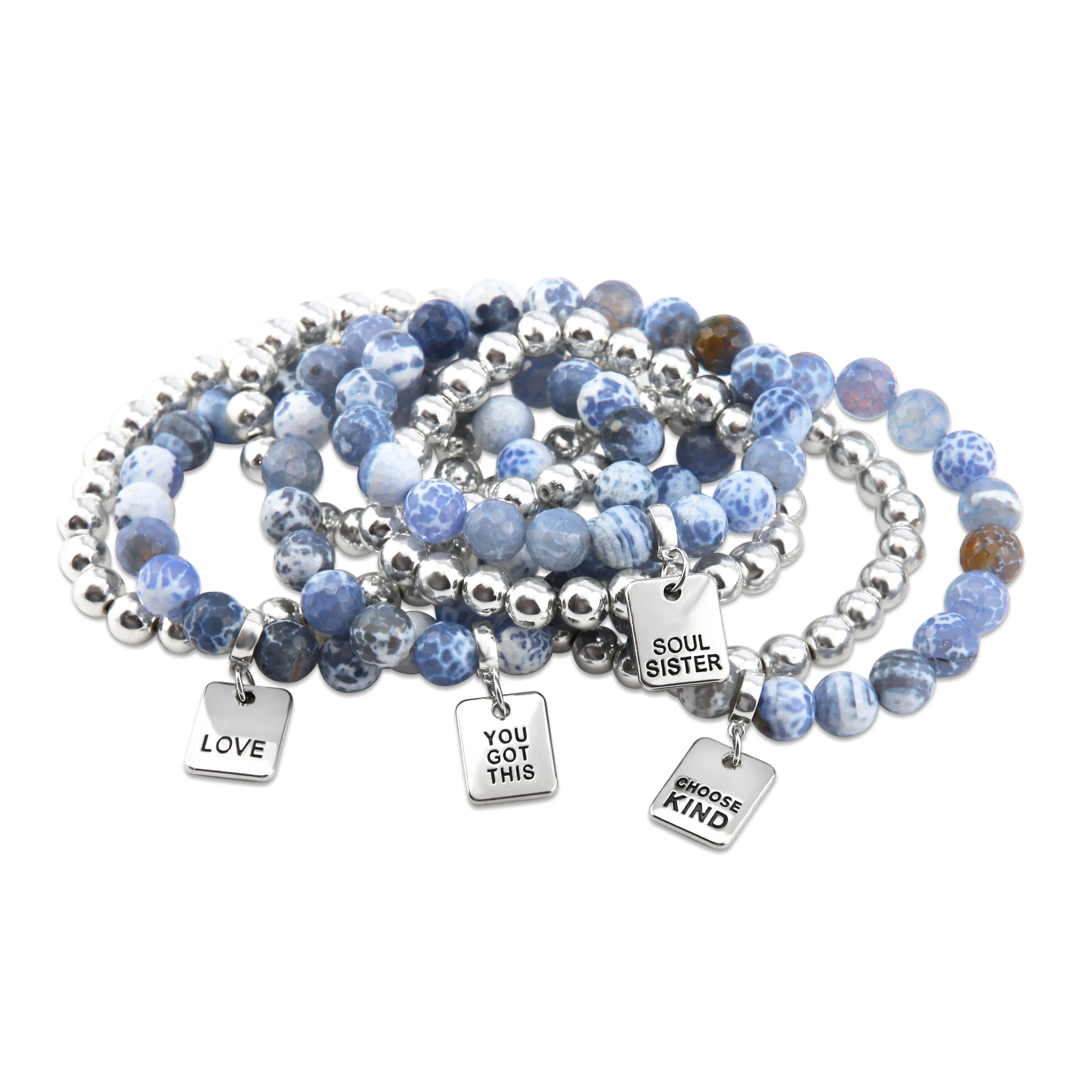 Bracelet Duo! 10mm Bright Blue Agata Tourmaline & 8mm Silver bead bracelet stacker set - TEACH LOVE INSPIRE (12015)