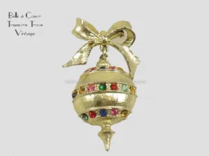 Christmas Ornament Brooch with Multicolored Stones and Gold tone Bow
