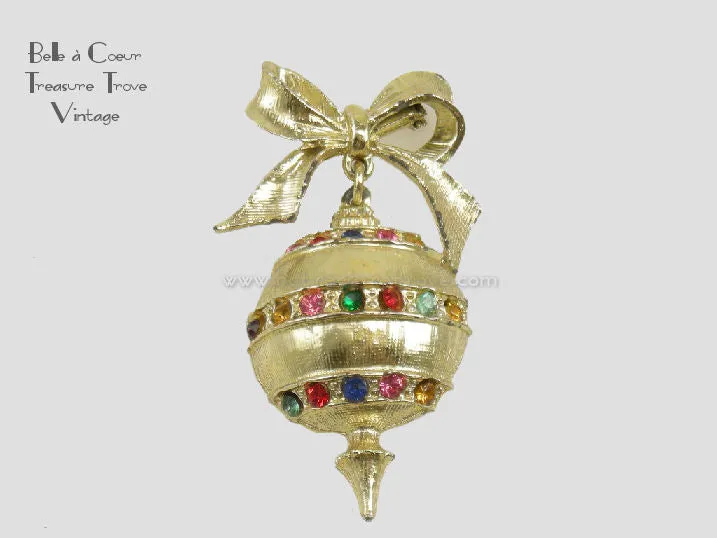 Christmas Ornament Brooch with Multicolored Stones and Gold tone Bow