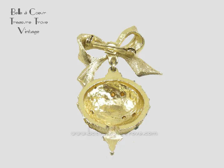 Christmas Ornament Brooch with Multicolored Stones and Gold tone Bow