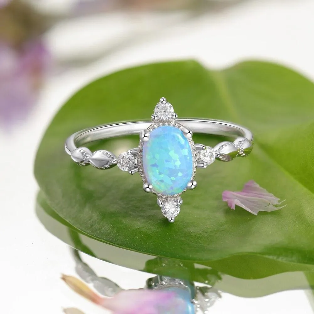 Classic 925 Sterling Silver Oval Shaped Opal Ring Solid Engagement Ring