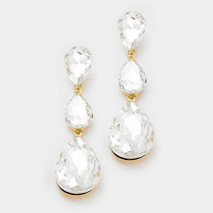 Clear Crystal Triple Teardrop Gold Evening Earrings