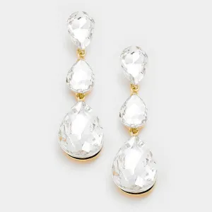 Clear Crystal Triple Teardrop Gold Evening Earrings