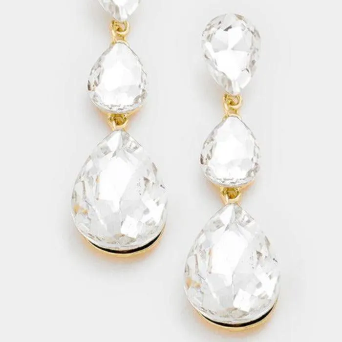 Clear Crystal Triple Teardrop Gold Evening Earrings