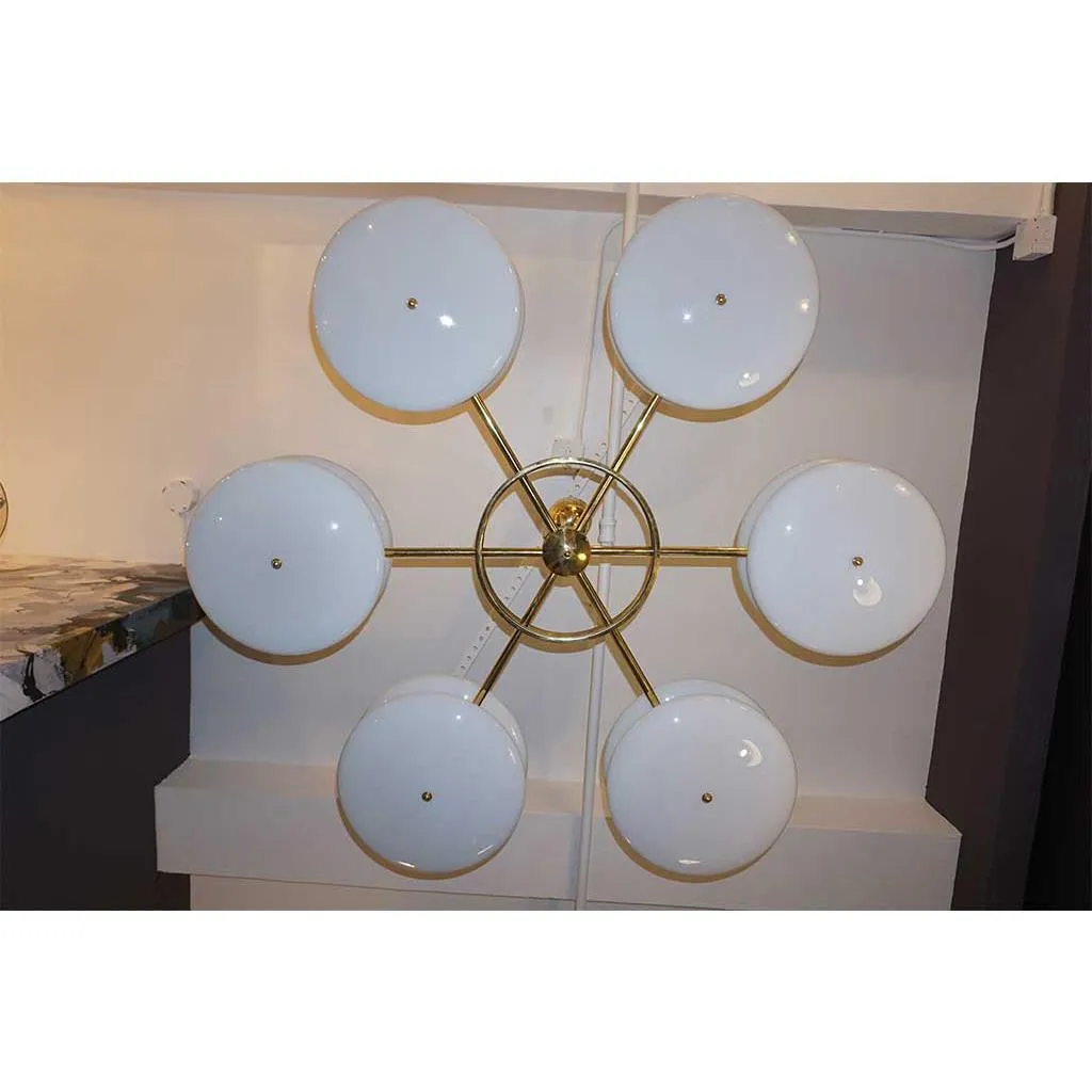 Contemporary Italian Minimalist Brass and White Murano Glass Globe Chandelier