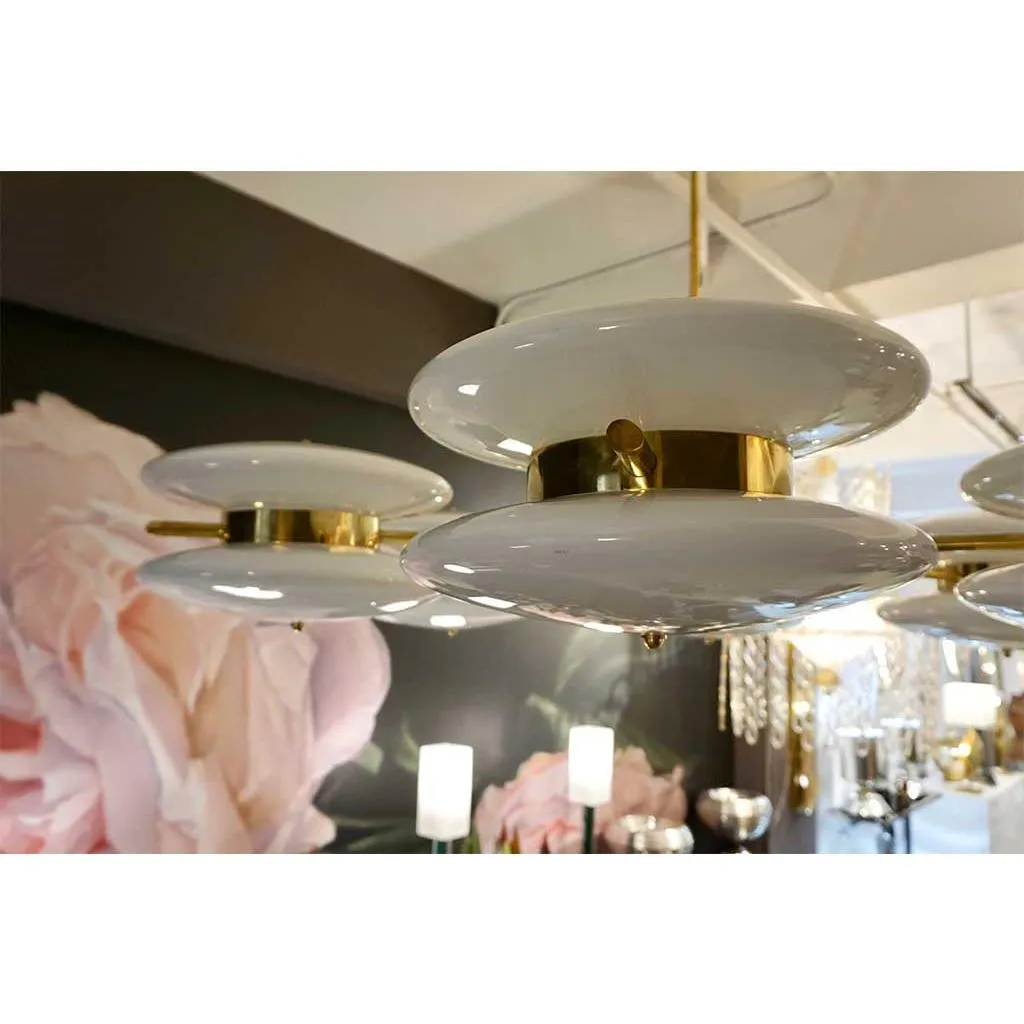 Contemporary Italian Minimalist Brass and White Murano Glass Globe Chandelier
