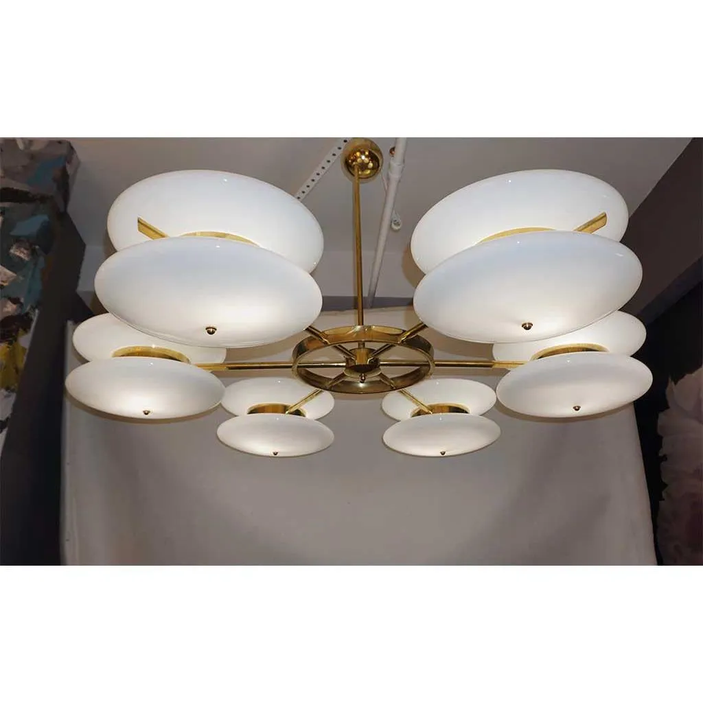 Contemporary Italian Minimalist Brass and White Murano Glass Globe Chandelier