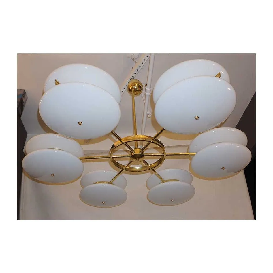 Contemporary Italian Minimalist Brass and White Murano Glass Globe Chandelier