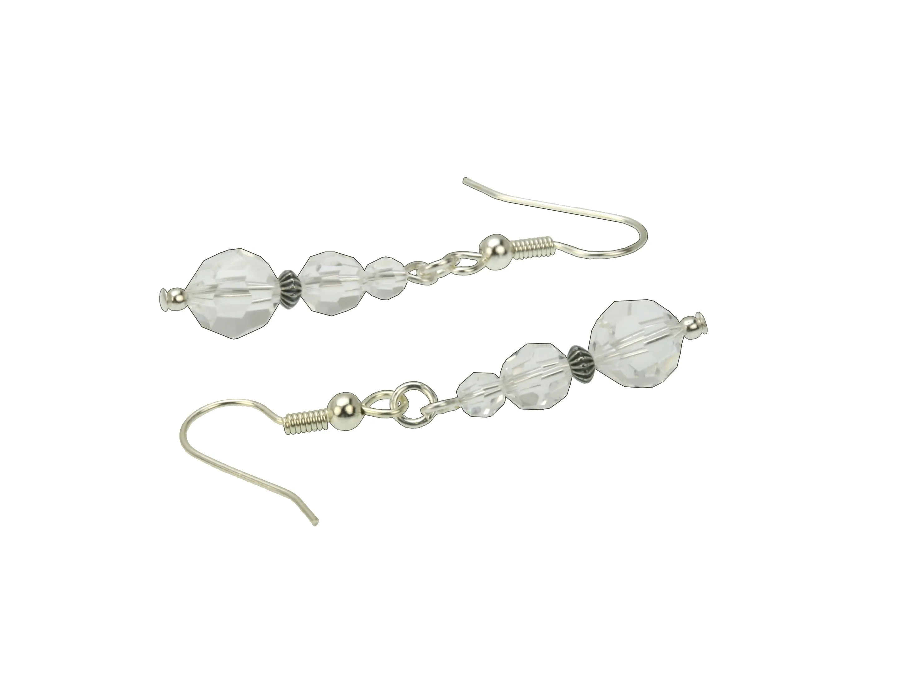 Crystal Three Bead April Birthstone Silver Earrings