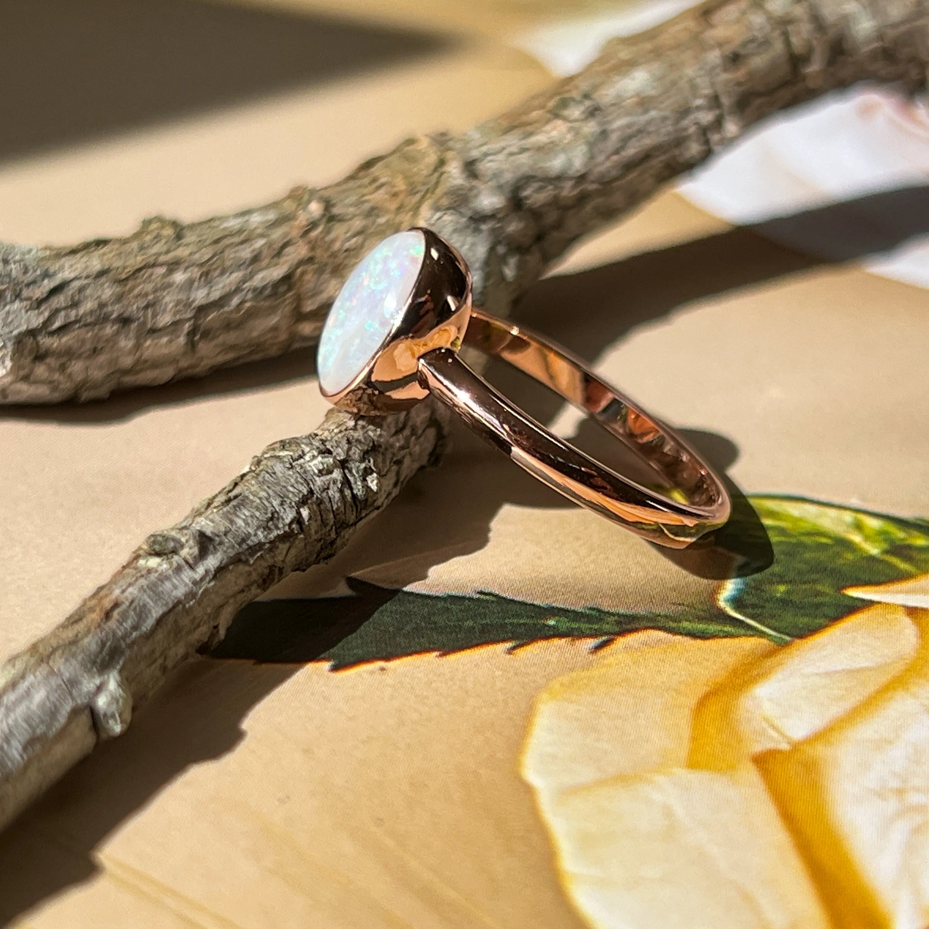 Dainty White Opal Ring for Women - Rose Gold Plated Sterling Silver - Blue & Silver Opal Jewelry 9x7mm
