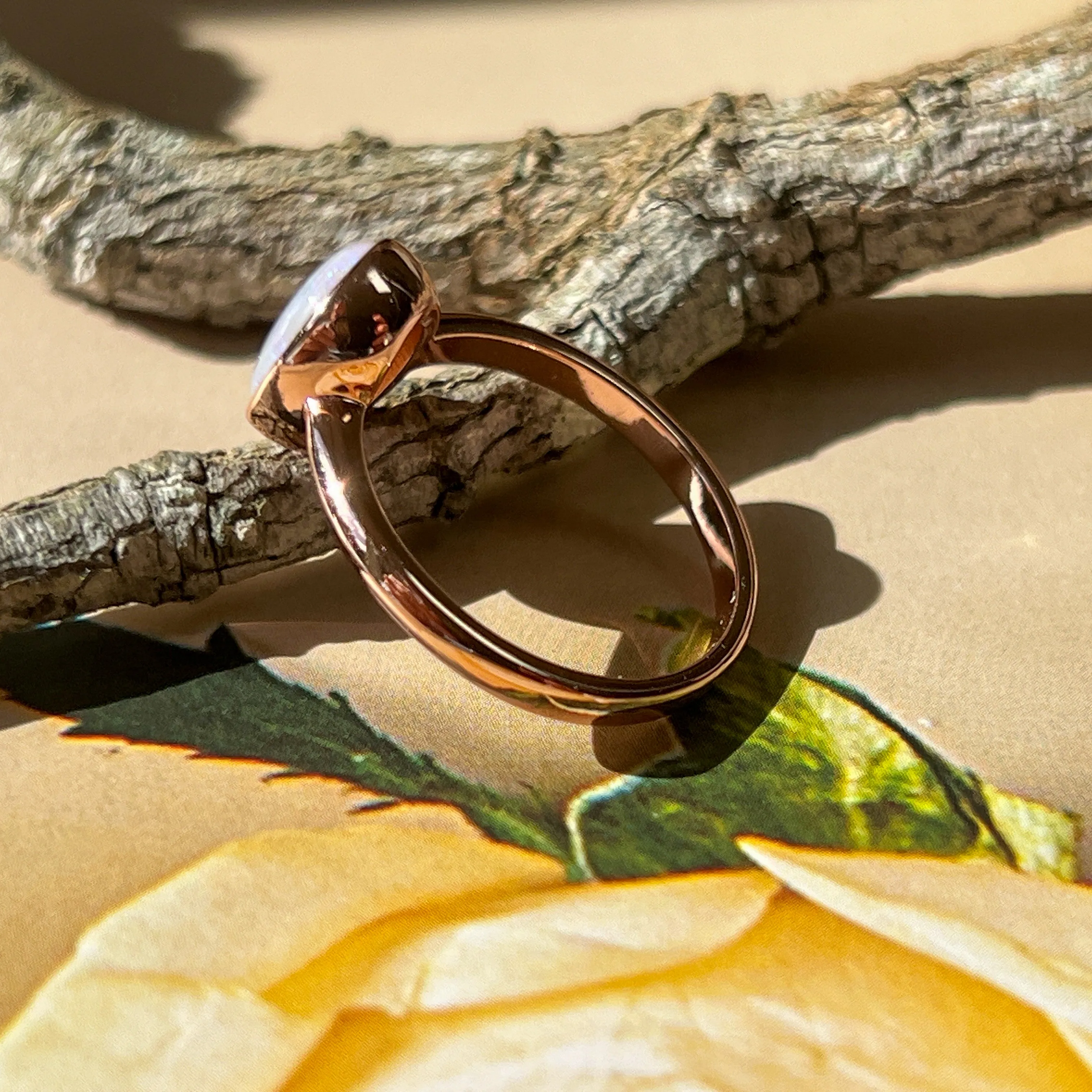 Dainty White Opal Ring for Women - Rose Gold Plated Sterling Silver - Blue & Silver Opal Jewelry 9x7mm