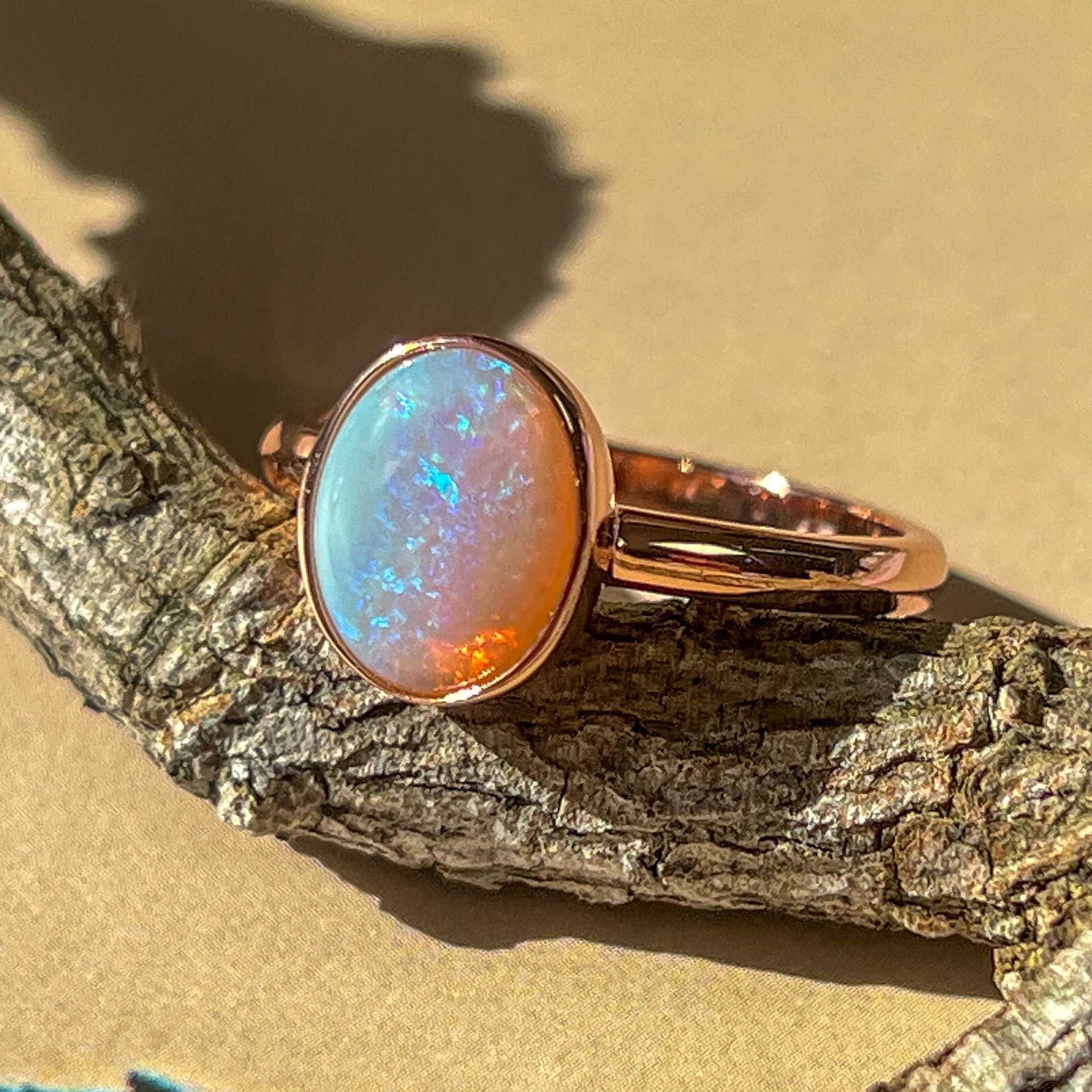 Dainty White Opal Ring for Women - Rose Gold Plated Sterling Silver - Blue & Silver Opal Jewelry 9x7mm