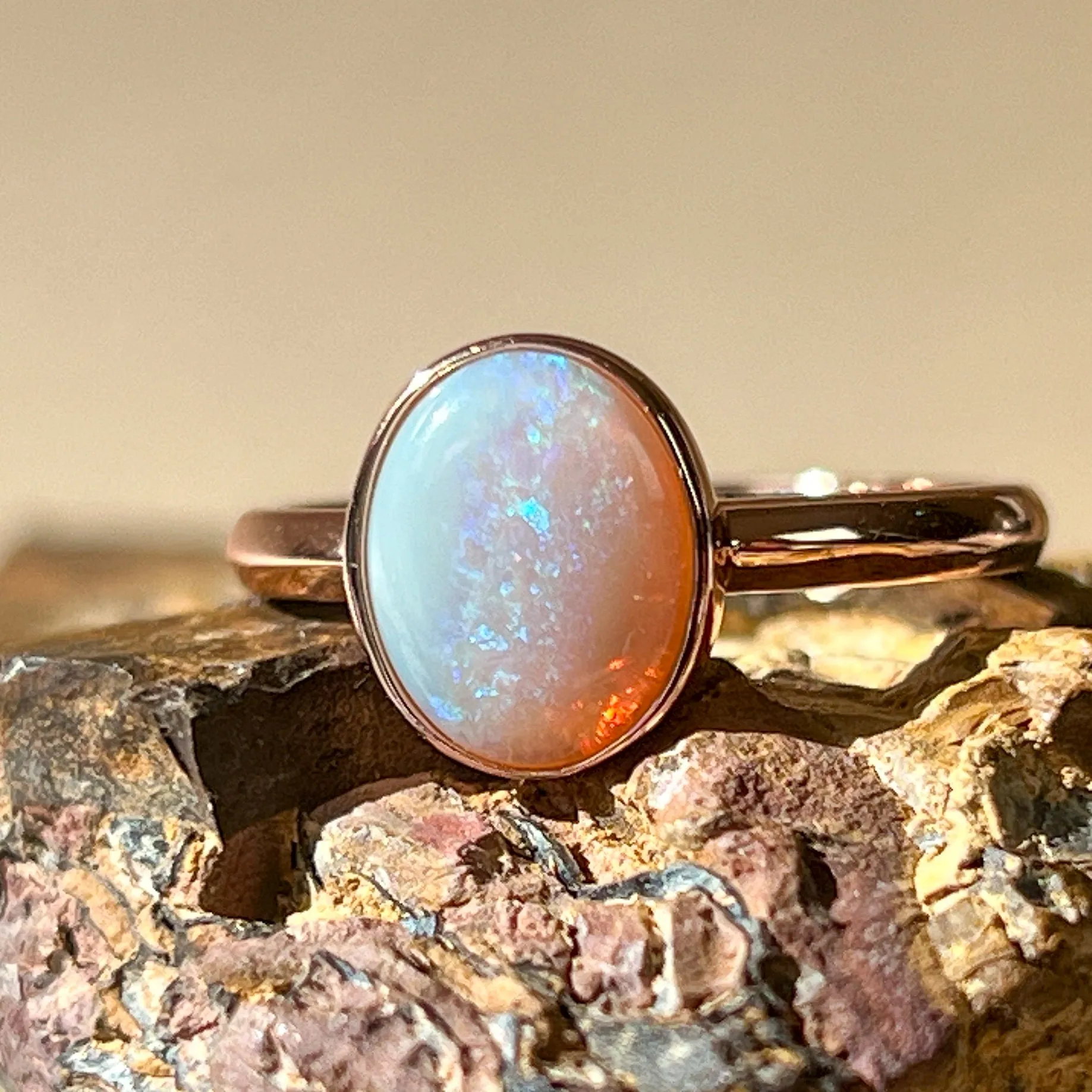Dainty White Opal Ring for Women - Rose Gold Plated Sterling Silver - Blue & Silver Opal Jewelry 9x7mm
