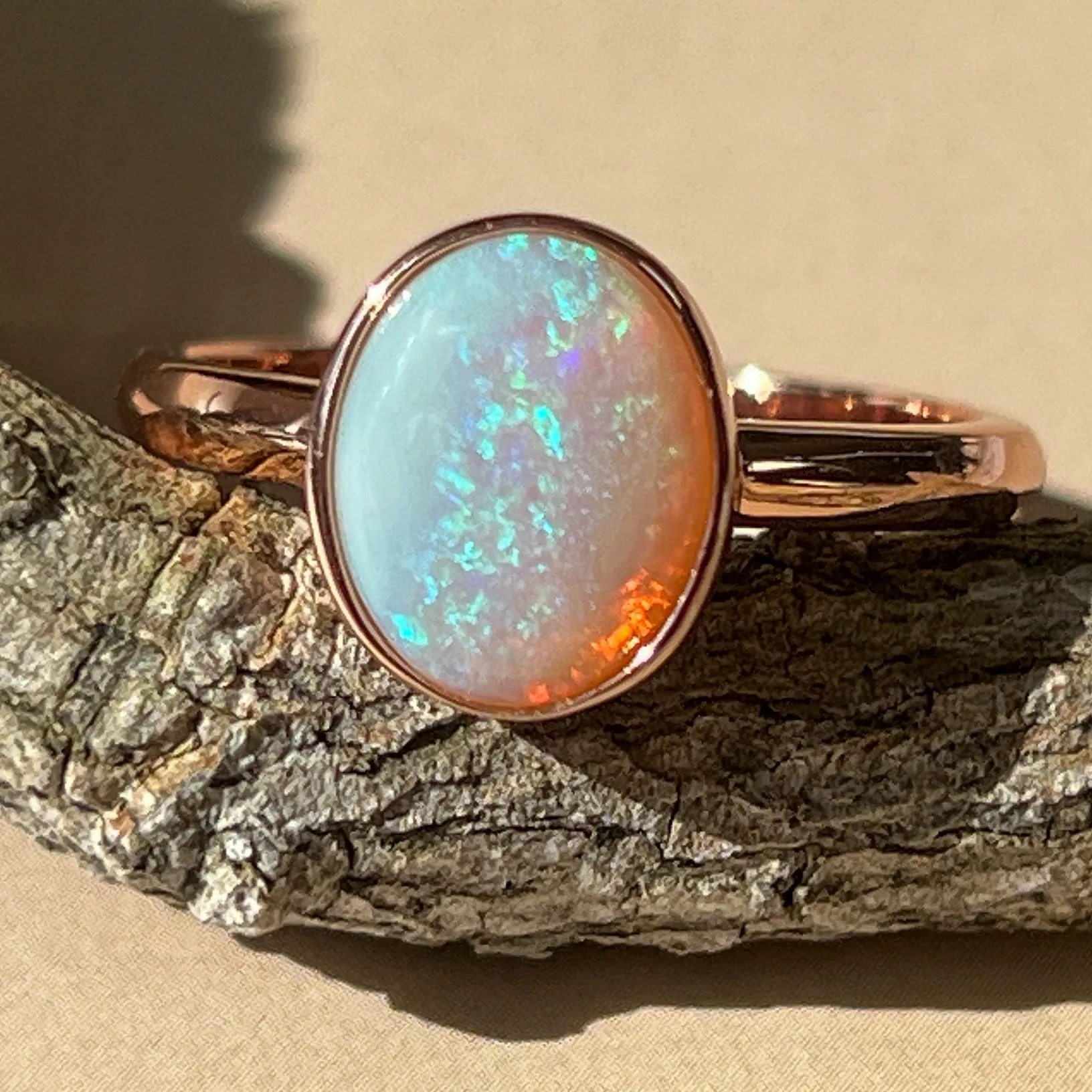 Dainty White Opal Ring for Women - Rose Gold Plated Sterling Silver - Blue & Silver Opal Jewelry 9x7mm