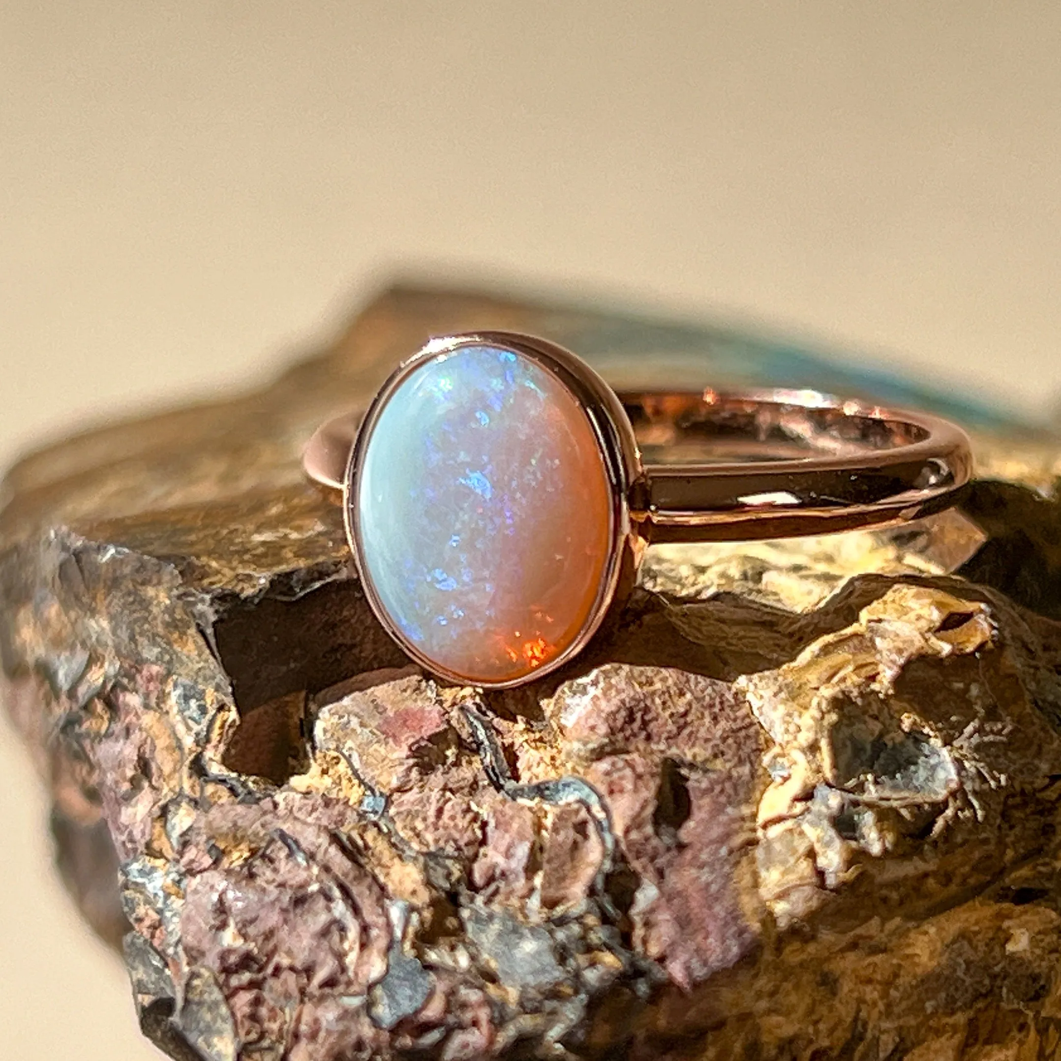 Dainty White Opal Ring for Women - Rose Gold Plated Sterling Silver - Blue & Silver Opal Jewelry 9x7mm