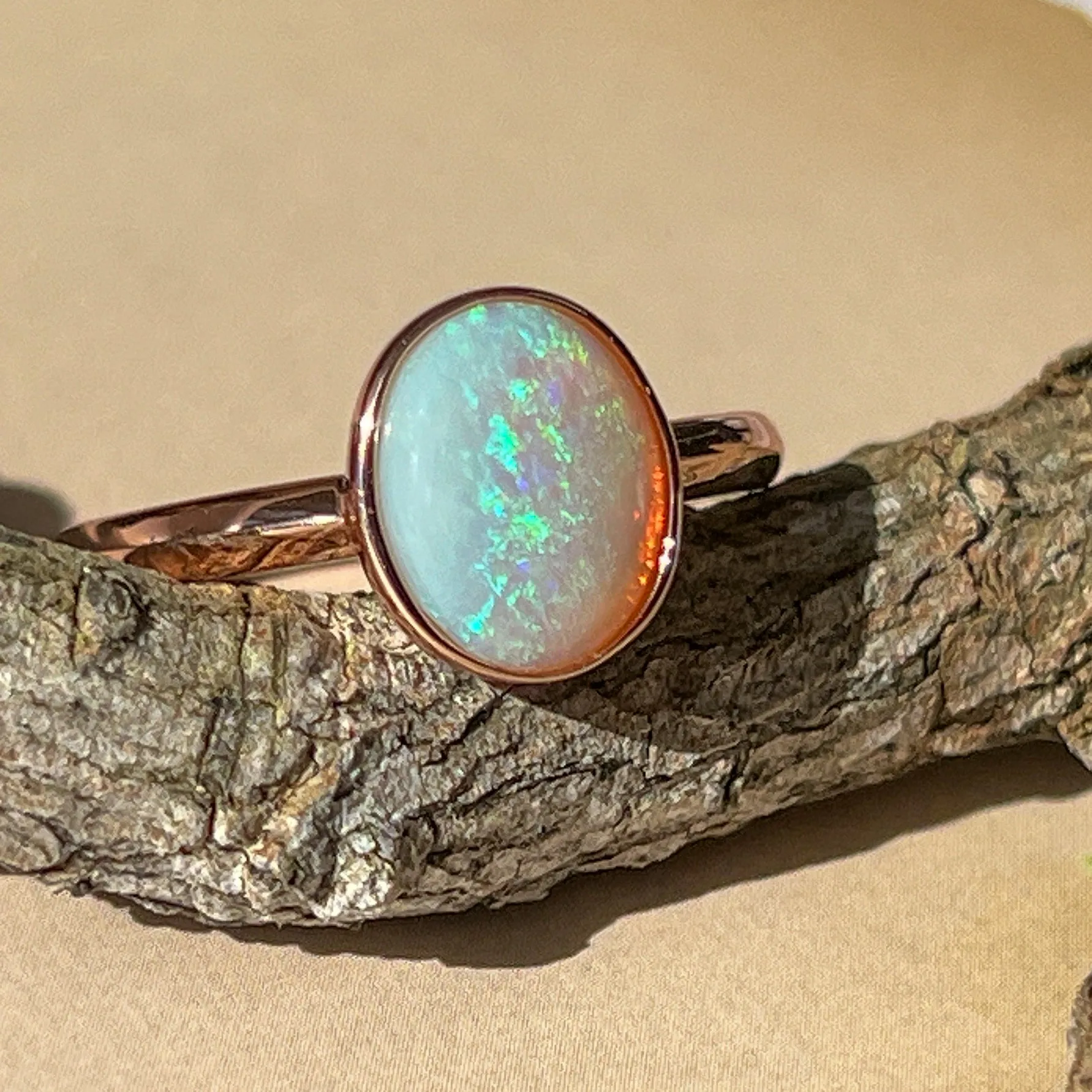 Dainty White Opal Ring for Women - Rose Gold Plated Sterling Silver - Blue & Silver Opal Jewelry 9x7mm