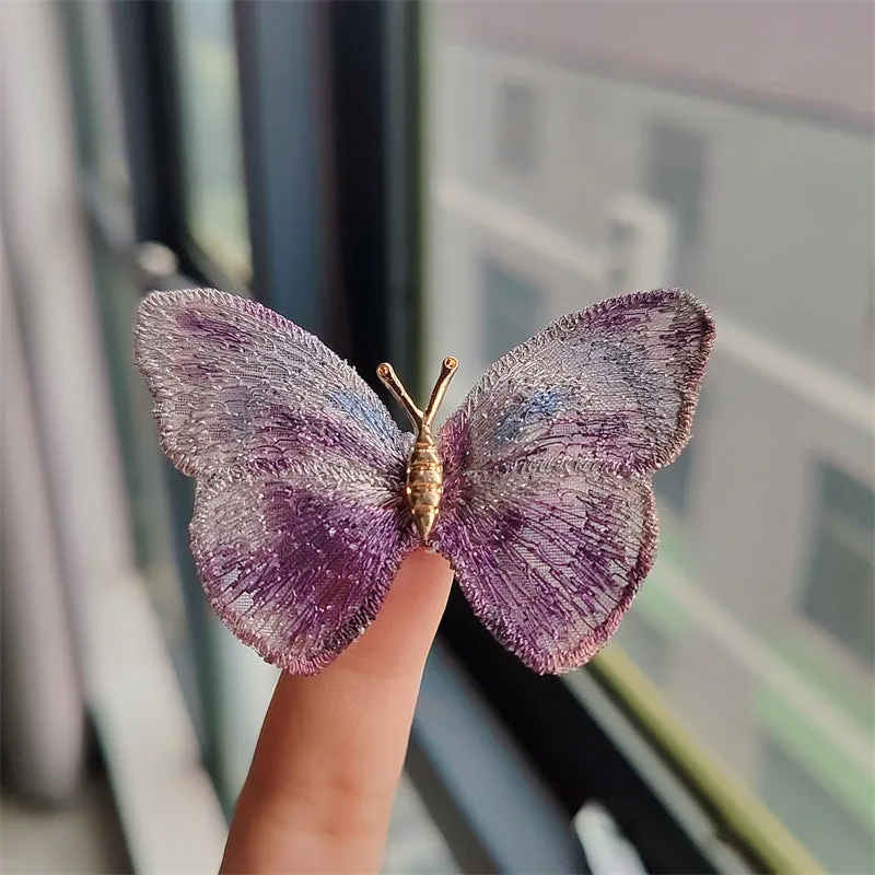 Dreamy Stylish Purple Green Embroidery Butterfly Brooch Pin 2 Pcs