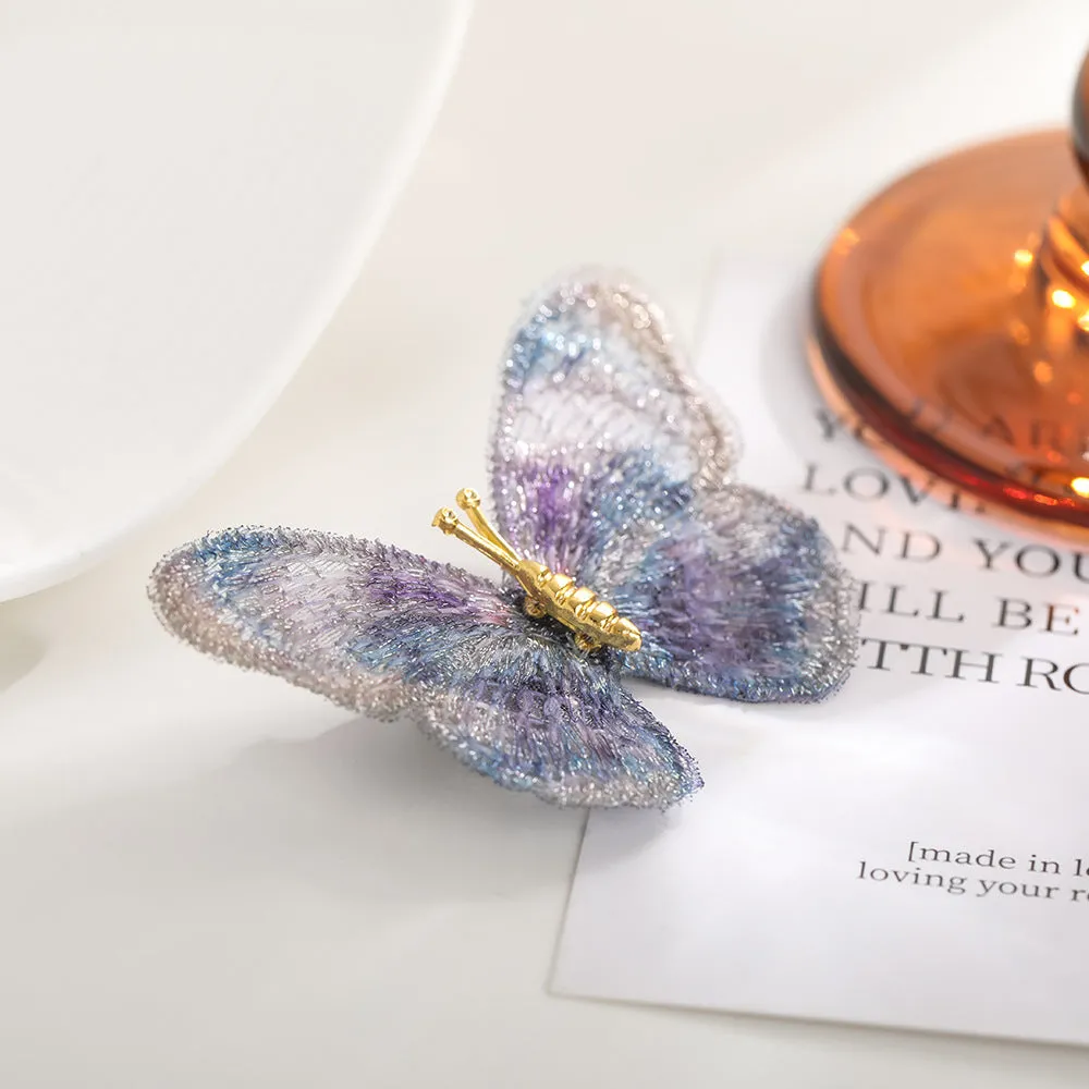 Dreamy Stylish Purple Green Embroidery Butterfly Brooch Pin 2 Pcs