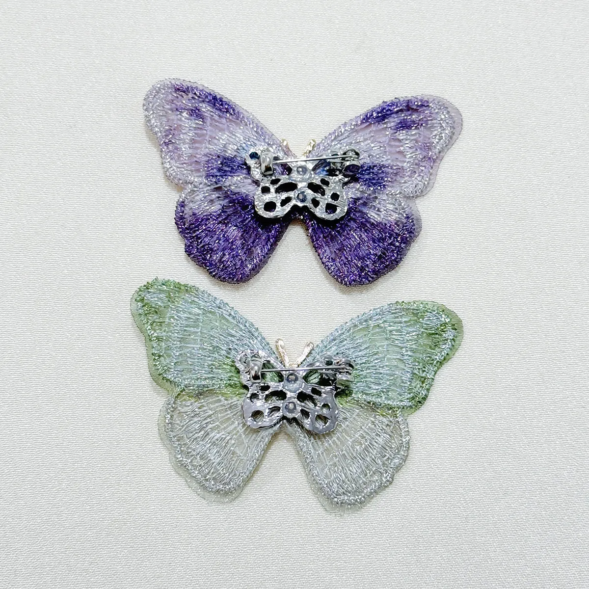 Dreamy Stylish Purple Green Embroidery Butterfly Brooch Pin 2 Pcs