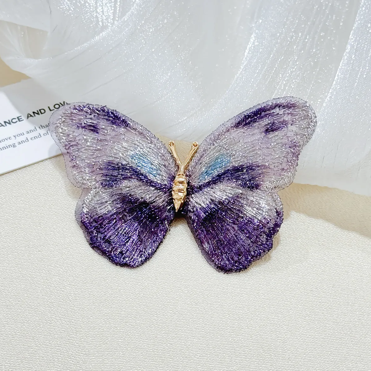 Dreamy Stylish Purple Green Embroidery Butterfly Brooch Pin 2 Pcs