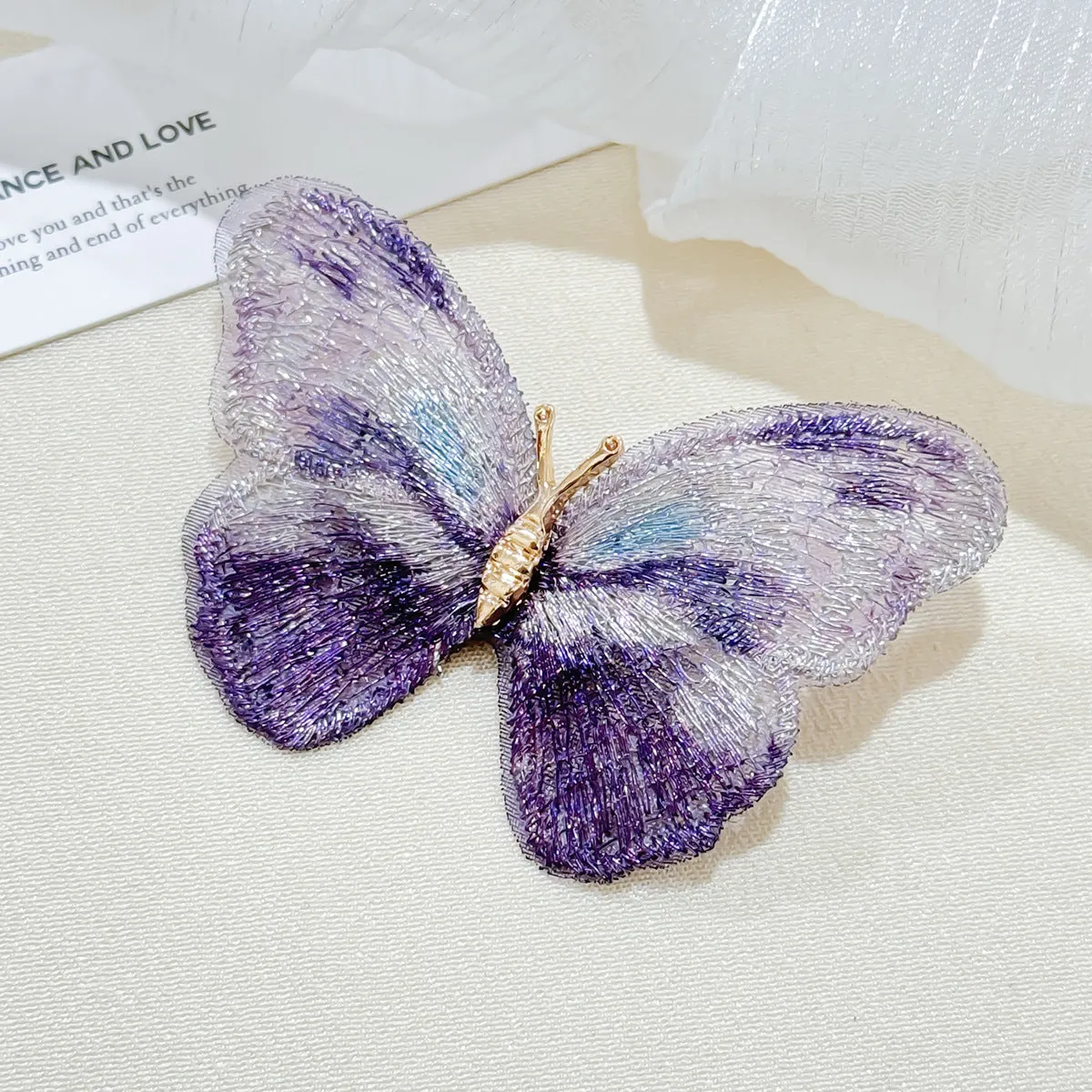 Dreamy Stylish Purple Green Embroidery Butterfly Brooch Pin 2 Pcs