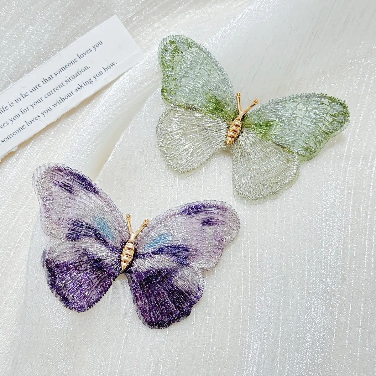 Dreamy Stylish Purple Green Embroidery Butterfly Brooch Pin 2 Pcs
